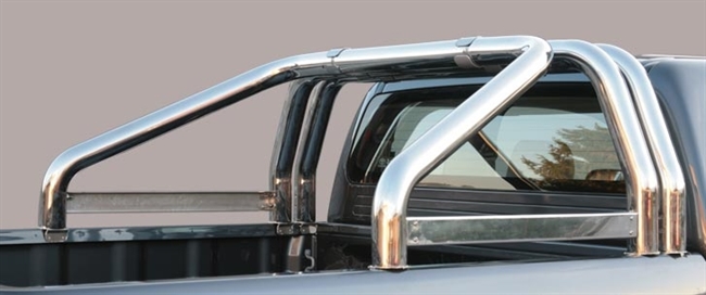 Styrtbøjle/Roll Bar til montering på lad i rustfri stål - Fås i sort og blank med dobbelt rør med logo til VW Amarok Double Cab årg. 10-