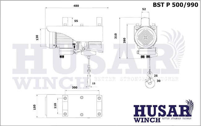 El-spil Husar Winch Værksted/Loft spil med stålwire 500/990 med trådløs fjernbetjening
