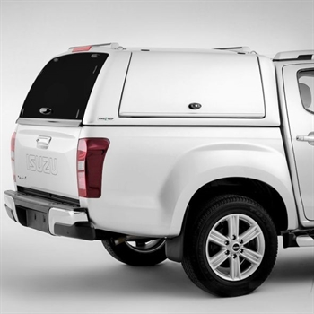 Hardtop fra ProTop Gullwing uden glasrude i bagdøren lakeret i 527 Splash White til Isuzu D-Max D/C Årgang 2017-2020