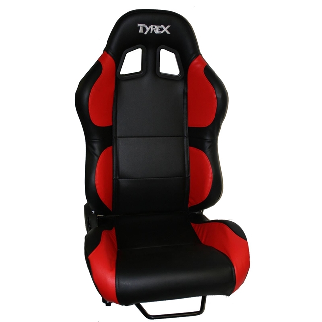 Sæde i skålform fra fra Tyrex - sportssæde i rødt & sort imiteret læder inkl. skinner